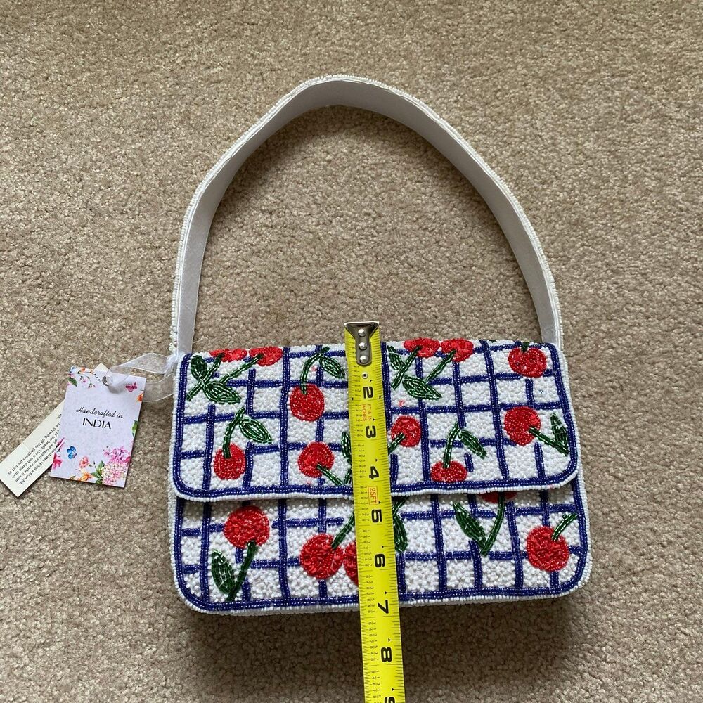 Viral Cherry Beaded Shoulder Bag NWT Navy White Red Green Summer Purse Vacation - Picture 8 of 12